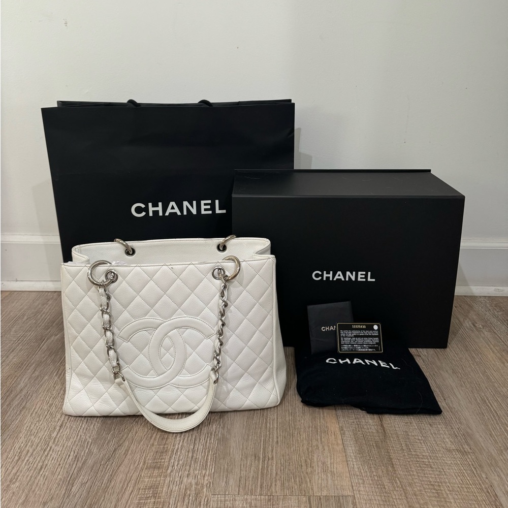 Chanel White Caviar Quilted GST Grand Shopping Tote